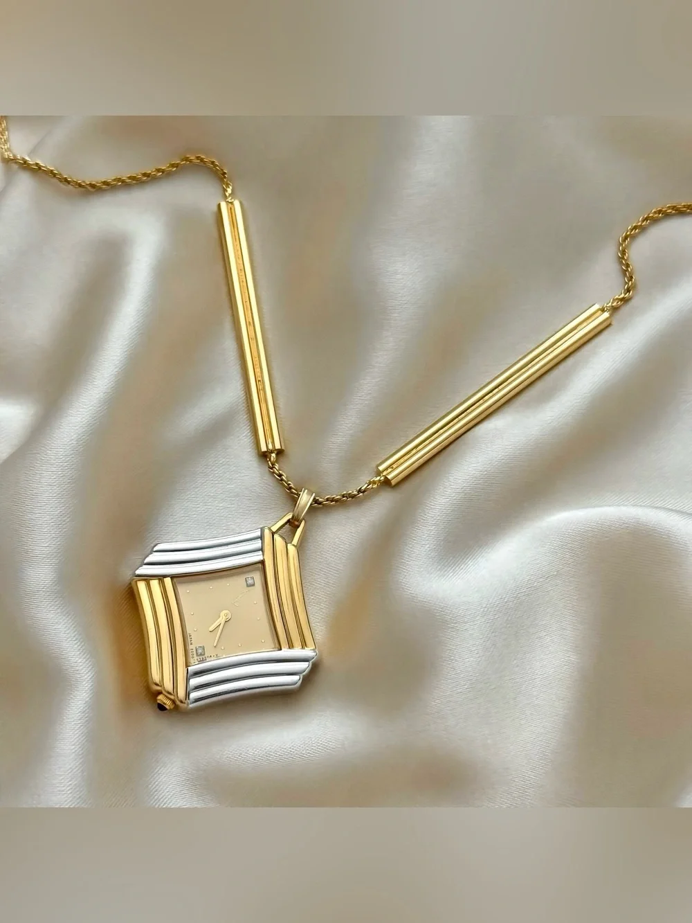 AUTHENTIC RARE VINTAGE YVES SAINT LAURENT TWO-TONED NECKLACE WATCH